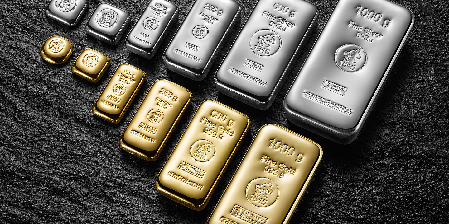 Gold- und Silberbarren in verschiedenen Größen von Heimerle + Meule